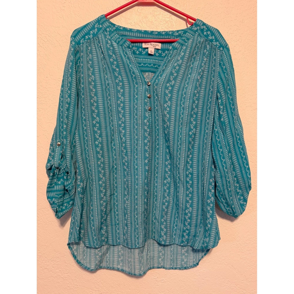 Kim Rogers Petite Teal Blue Floral Striped Roll Tab Sleeve Henley Blouse PL